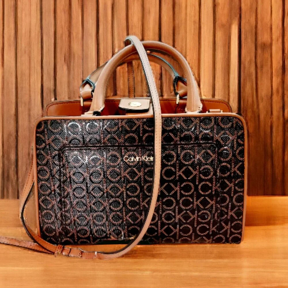 NWOT Calvin Klein Margot Textured Logo Emboss Tote Satchel Brown/Khaki